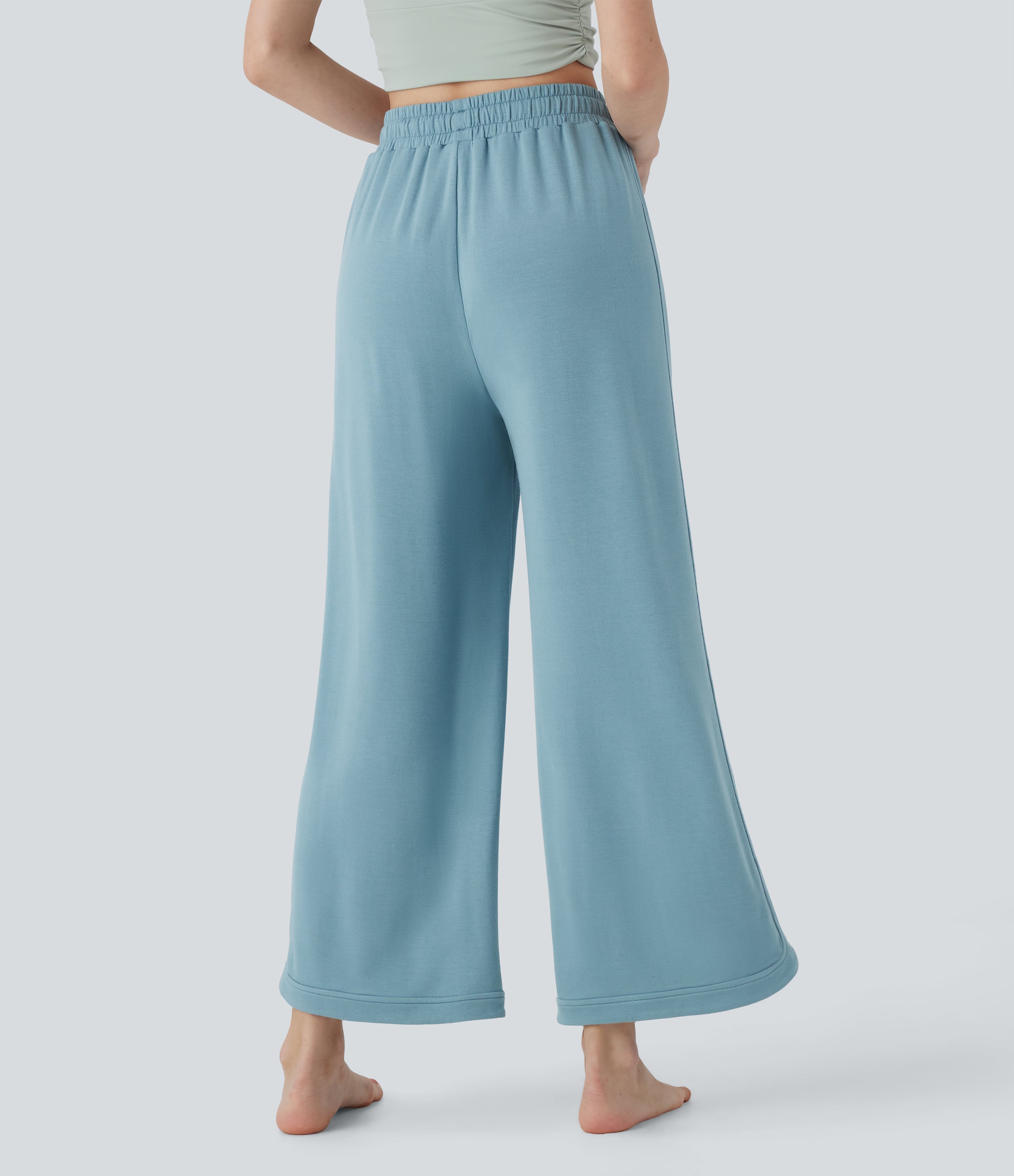 High Waisted Drawstring Curved Hem Straight Leg Yoga Pants with Pockets