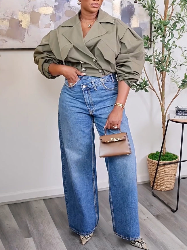 Fashion Asymmetric Waistband Wide Leg Jeans