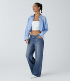 FlexTM Asymmetric Low Rise Zipper Pockets Baggy Wide Leg Washed Casual Jeans