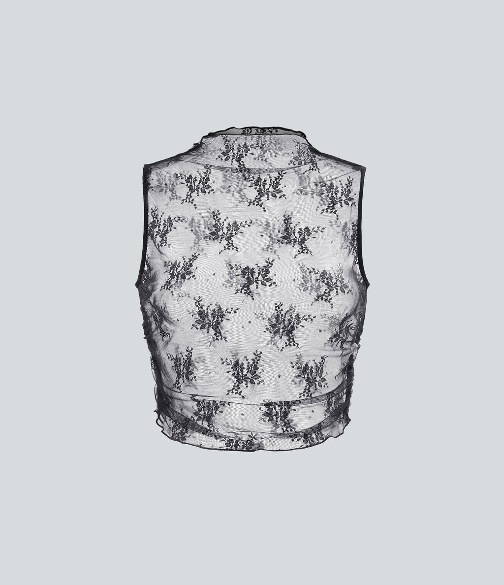 Mock Neck Sleeveless Ruched Cropped Sheer Lace Casual Top