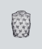 Mock Neck Sleeveless Ruched Cropped Sheer Lace Casual Top
