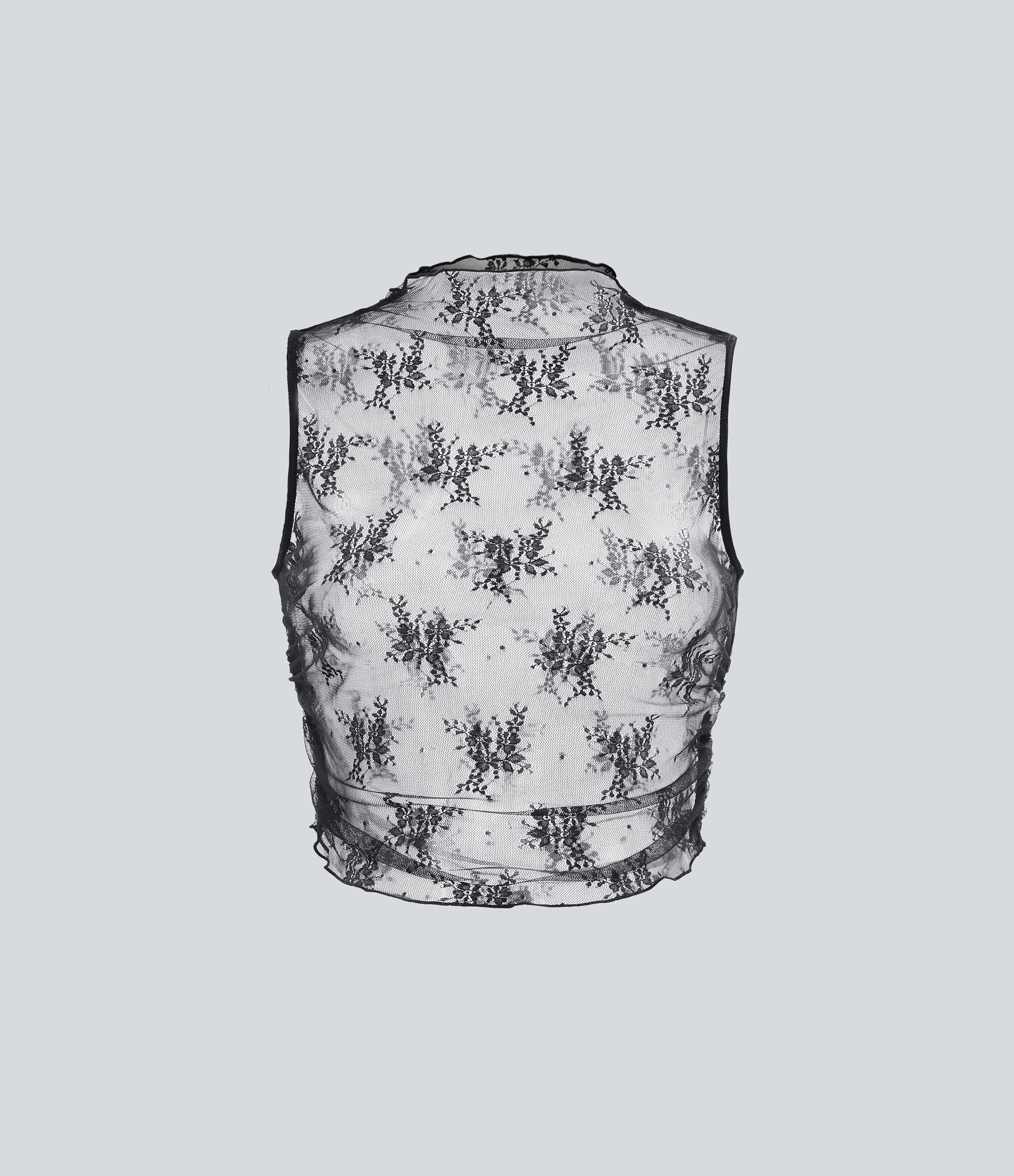Mock Neck Sleeveless Ruched Cropped Sheer Lace Casual Top