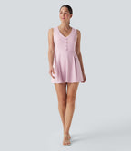 V Neck Sleeveless Decorative 2-Piece Mini Casual Dress with Pocket