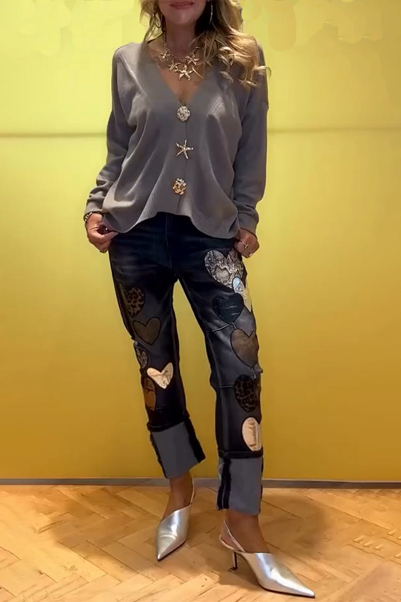 Women Love Printed Spliced Casual Jeans