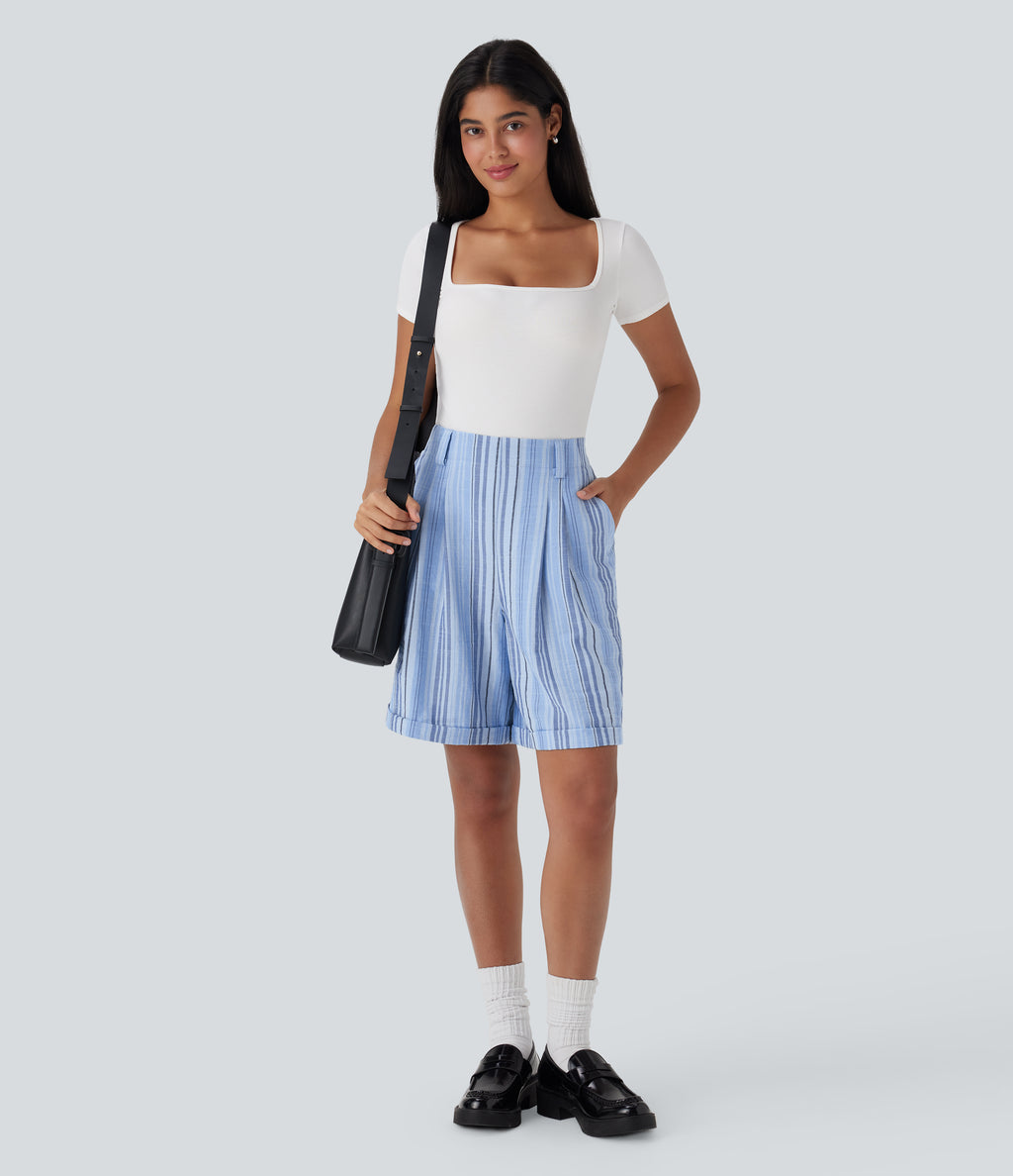 High Waisted Stripe Work Linen-Feel Bermuda Shorts with Pockets