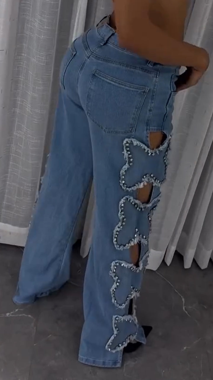 Women Side Cutout Butterfly Print Casual Jeans