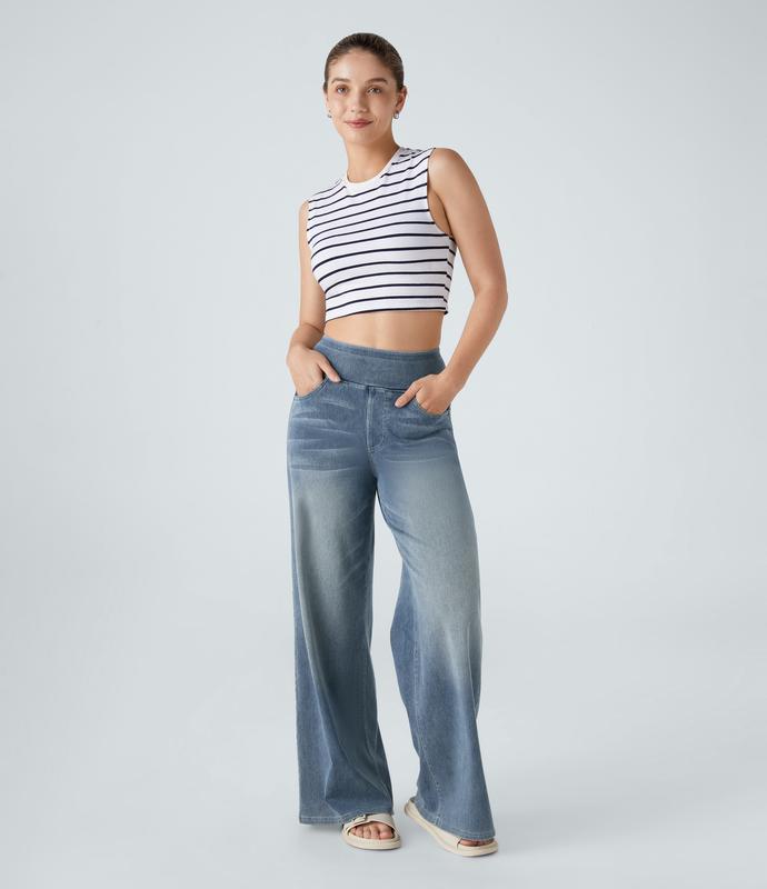 2026🔥FlexTM High Waisted Multiple Pockets Washed Stretchy Knit Casual Bootcut Jeans