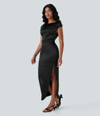 Boat Neck Cap Sleeve Ruched Satin Dress