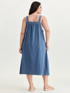 Pure Cotton Pleated Pockets Midi Dress
