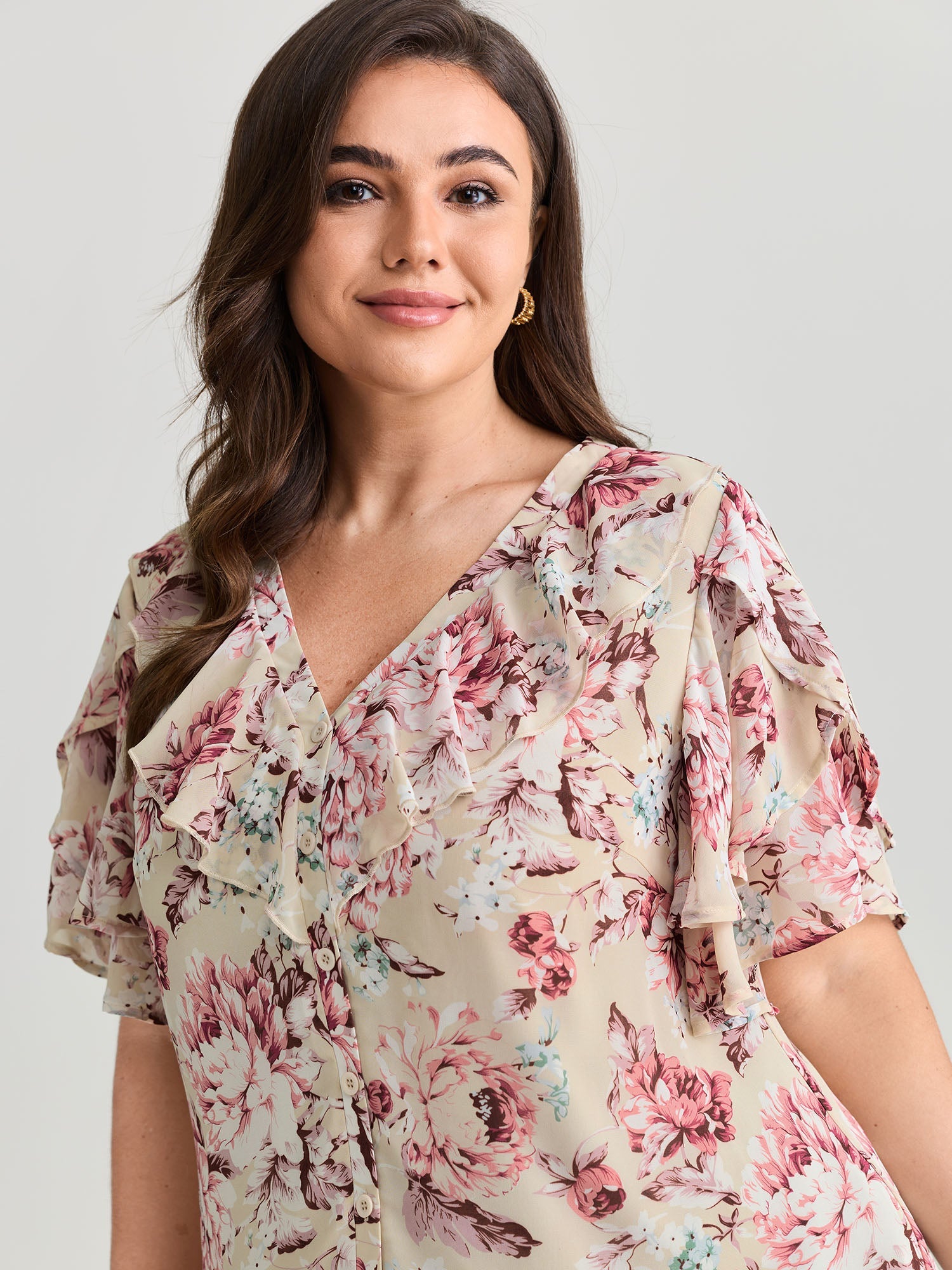 Floral Print Ruffled Edges Blouse