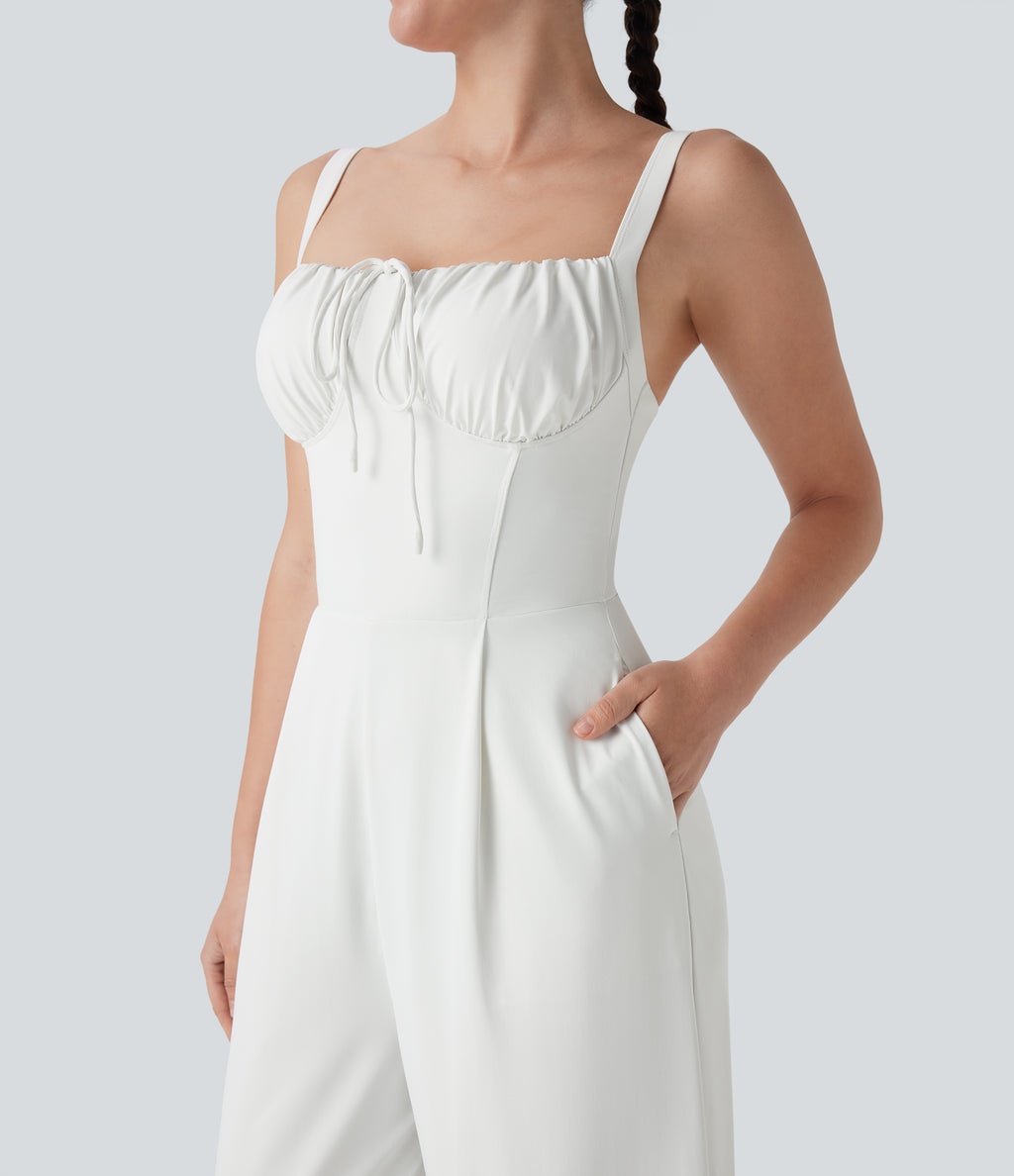 Square Neck Drawstring Jumpsuit with Pockets-Easy Peezy Edition