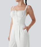Square Neck Drawstring Jumpsuit with Pockets-Easy Peezy Edition