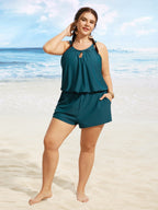 Solid Keyhole Elastic Waist Gathered One Piece Swimsuit