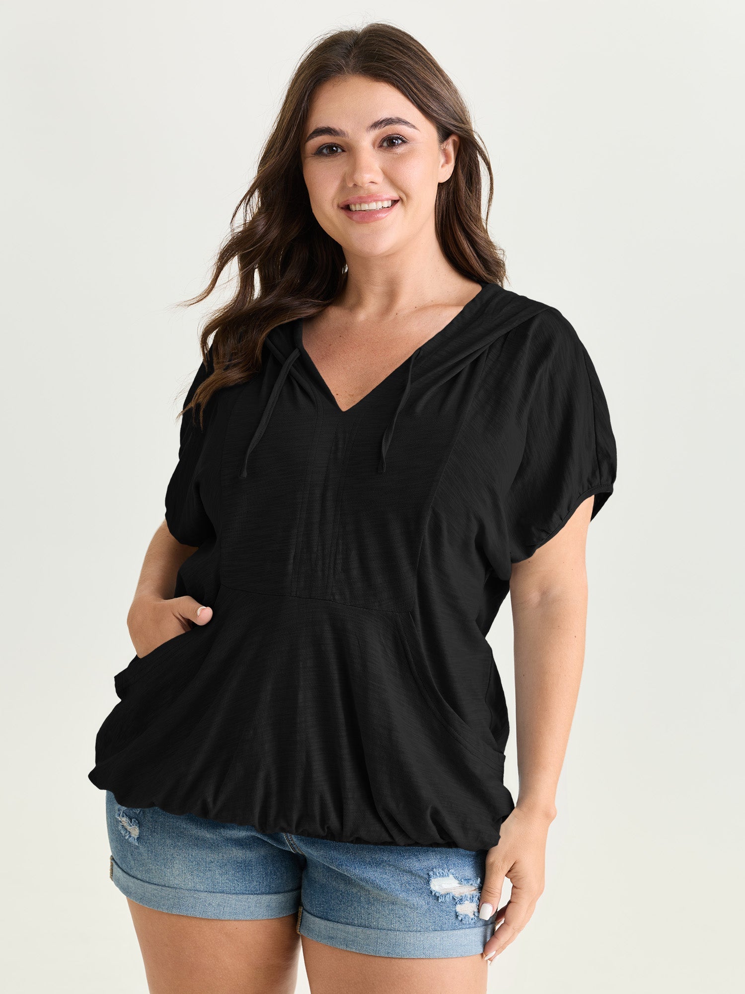 Pure Cotton Bubble Hem Hooded Knit Top