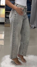 Ladies Washed and Rhinestone Casual Jeans