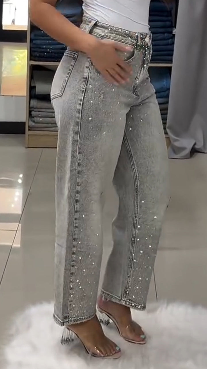 Ladies Washed and Rhinestone Casual Jeans