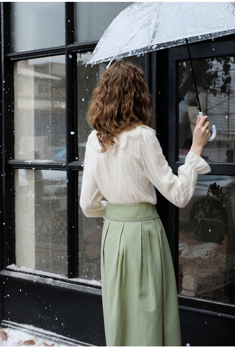 Fluffy Lace Blouse + High Waist Pleated Skirt