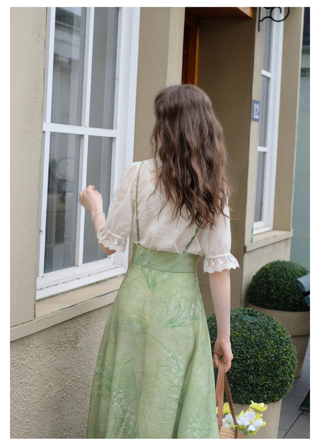 Embroidered Chiffon Shirt + High Waist Pinafore Skirt