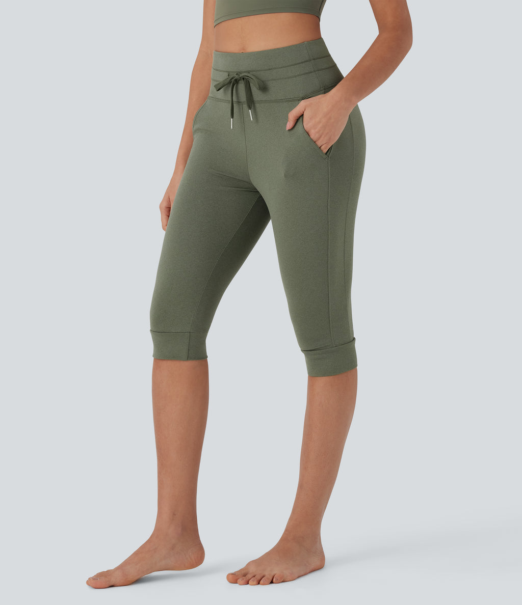 High Waisted Drawstring Pedal Pusher Quick Dry Yoga Joggers with Pockets