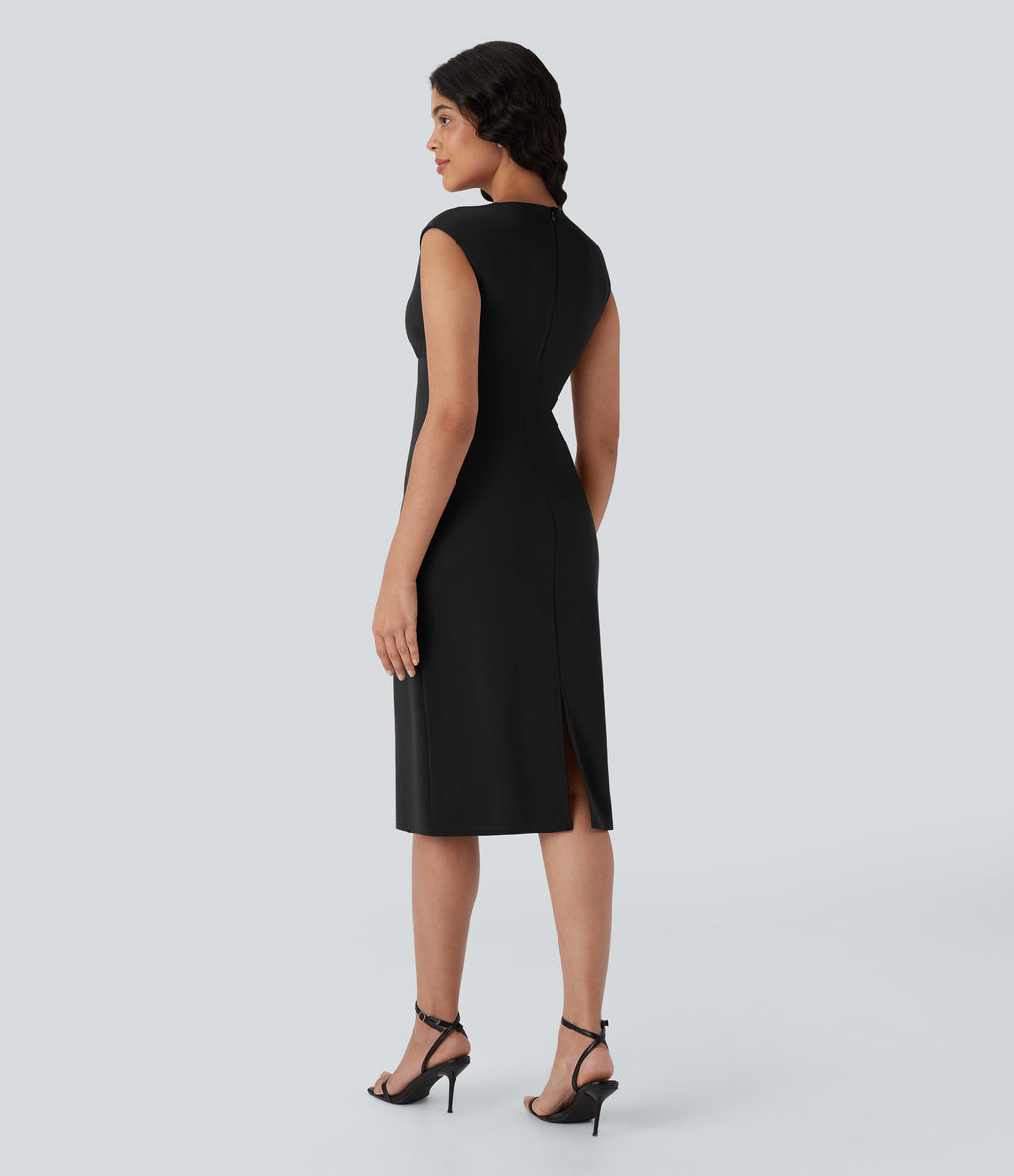 V-neck Zipper Bodycon Midi Work Built-in Mesh Shapewear Dress
