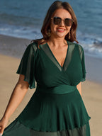 Sheer Ruffled Sleeve Layered Swim Dress