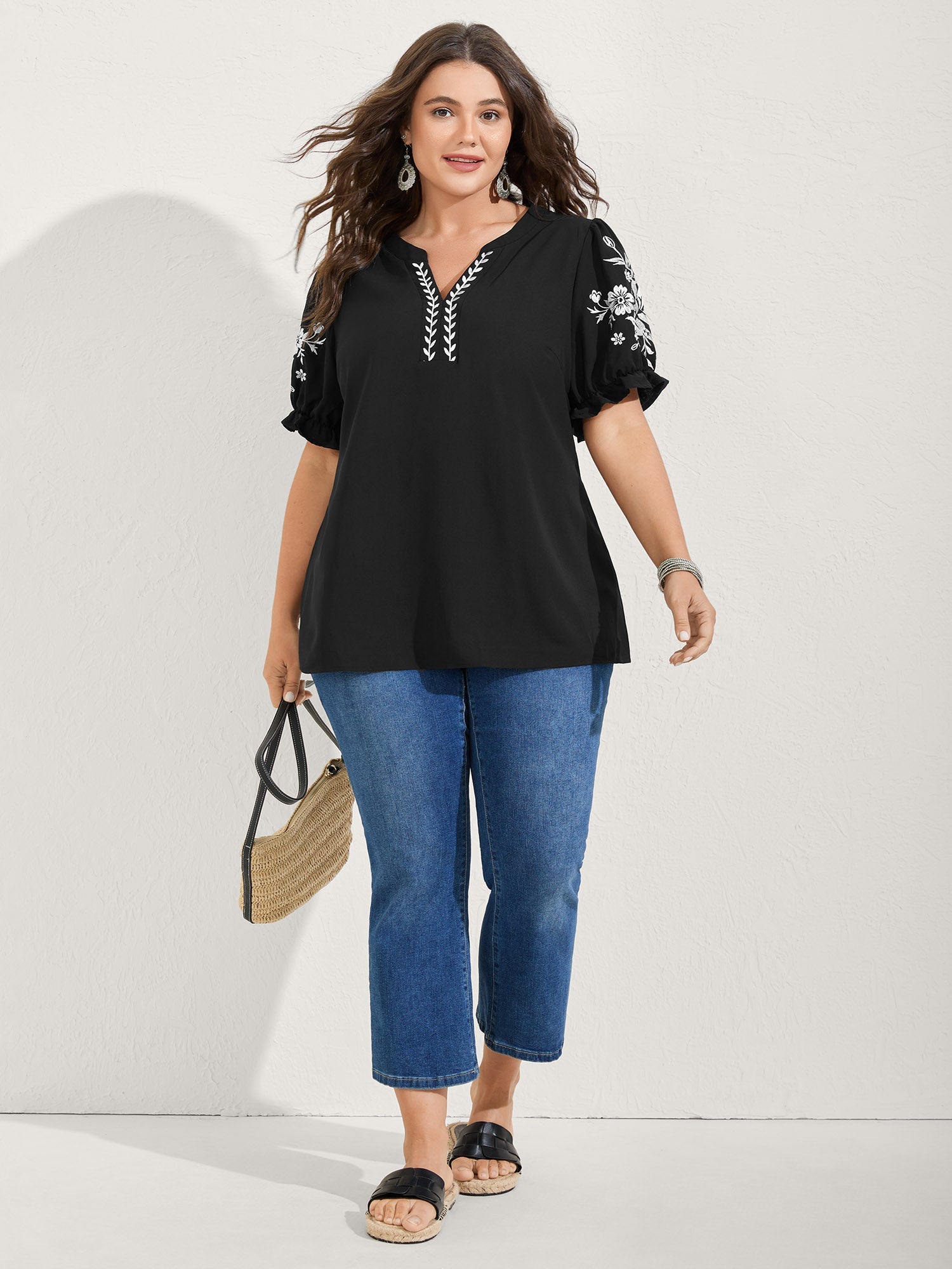 Notched Collar Embroidered Ruffled Blouse