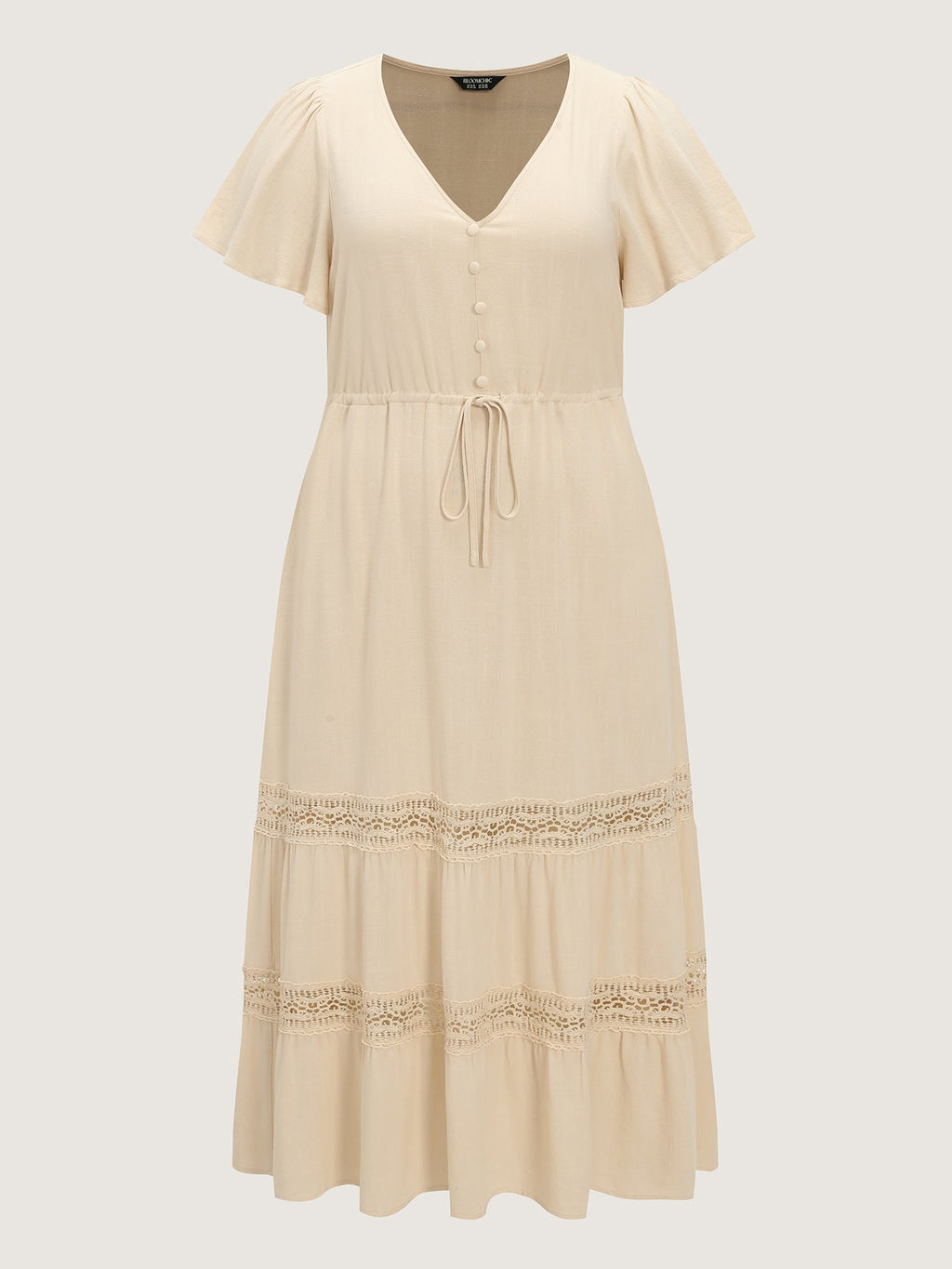 Linen Blend Lace Trim Button Detail Plain Maxi Dress