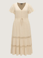 Linen Blend Lace Trim Button Detail Plain Maxi Dress
