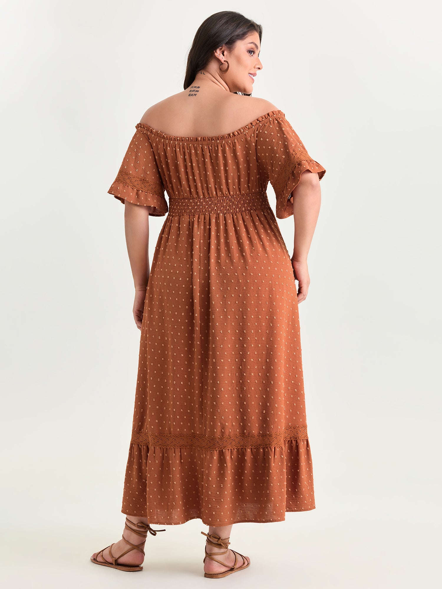 Textured Lace Trim Off-Shoulder Midi Dress