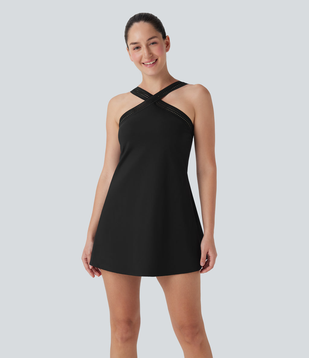 SoftlyzeroTM Airy Halter Cut Out Backless 2-in-1 Cool Touch Mini Yoga Active Dress with Side Pockets-Easy Peezy Edition-UPF50+