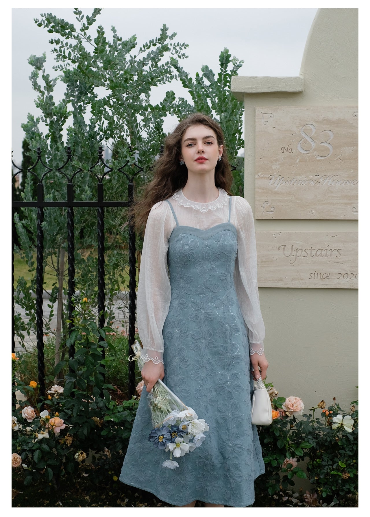 Sheer Chiffon Bottom Top + Floral Denim Pinafore Dress