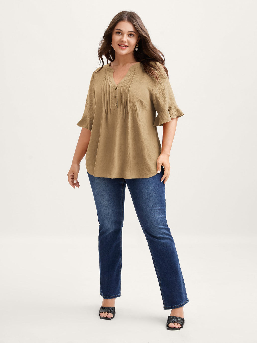 Toothpick Pleats Ruffled Sleeve Solid Blouse
