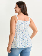 Cotton Floral Print Ruched Drawstring Neckline Tank Top