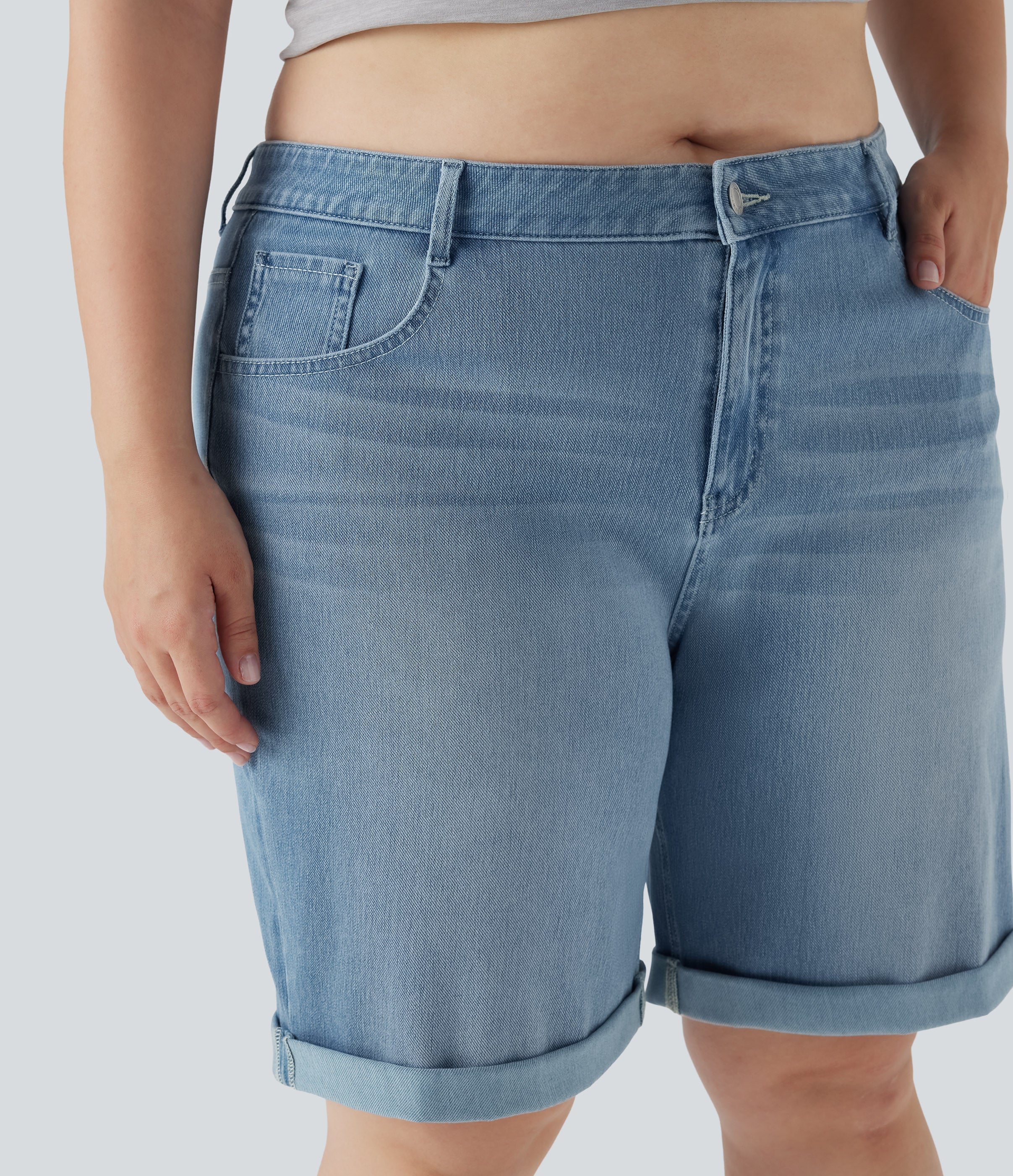 FlexTM High Waisted Multiple Pockets Rolled Hem Washed Stretchy Knit Denim Casual Plus Size Bermuda Shorts