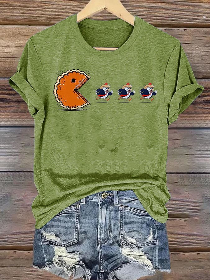 Women's  Funny Turkey Chasing Pie Sublimation FDT Thanksgiving  T-Shirt