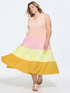 Cotton Colorblock Tiered V-Neck Maxi Dress