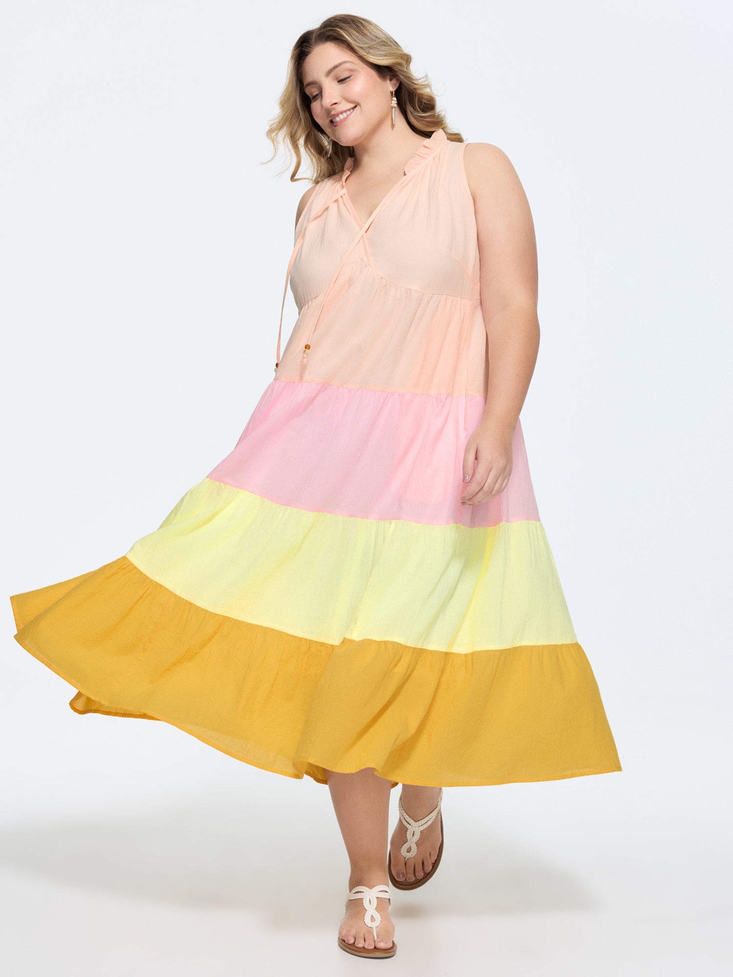 Cotton Colorblock Tiered V-Neck Maxi Dress