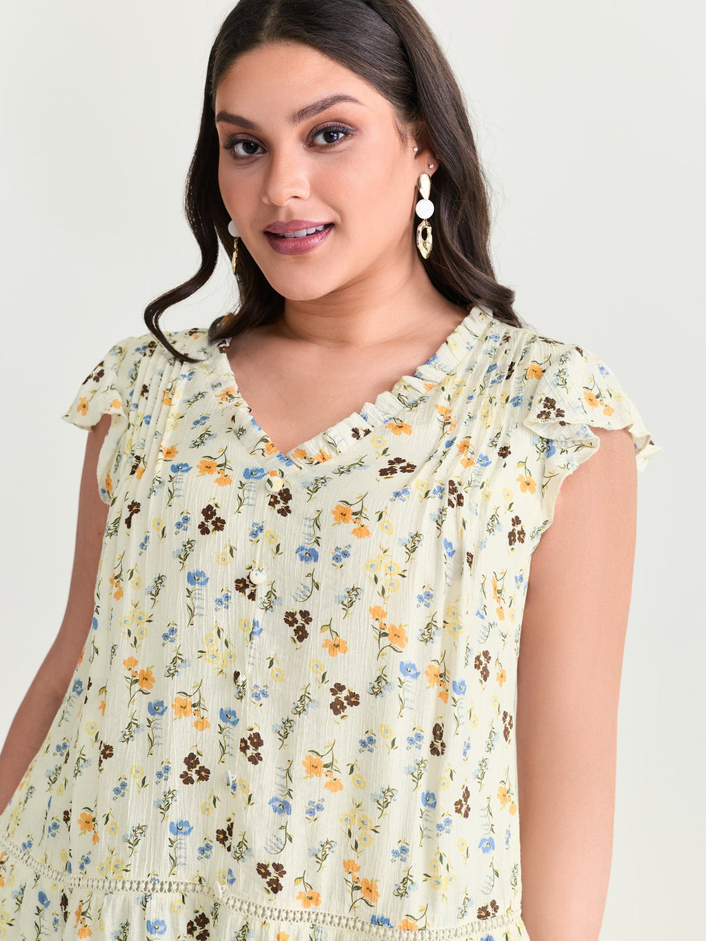 Floral Print Ruffled Detail Lace Blouse