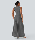 Henley Neck Sleeveless Wide Leg Flowy Casual Jumpsuit with Pockets
