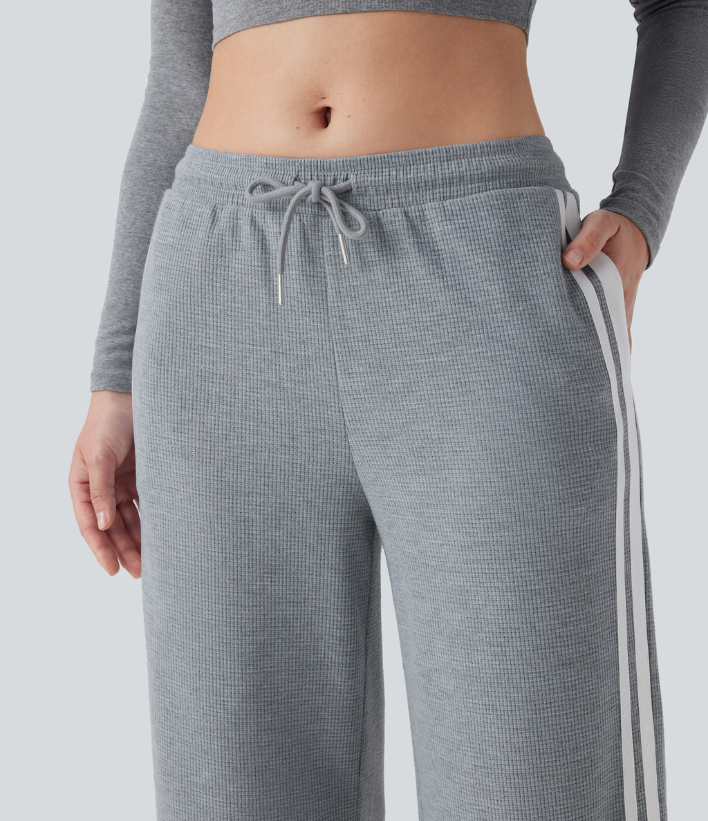 Low Rise Drawstring Color Block Snap Waffle Casual Wide Leg Pants with Pockets