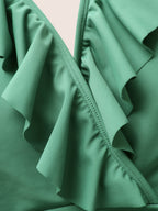 Solid Ruffle Surplice Neck Trim Swim Top