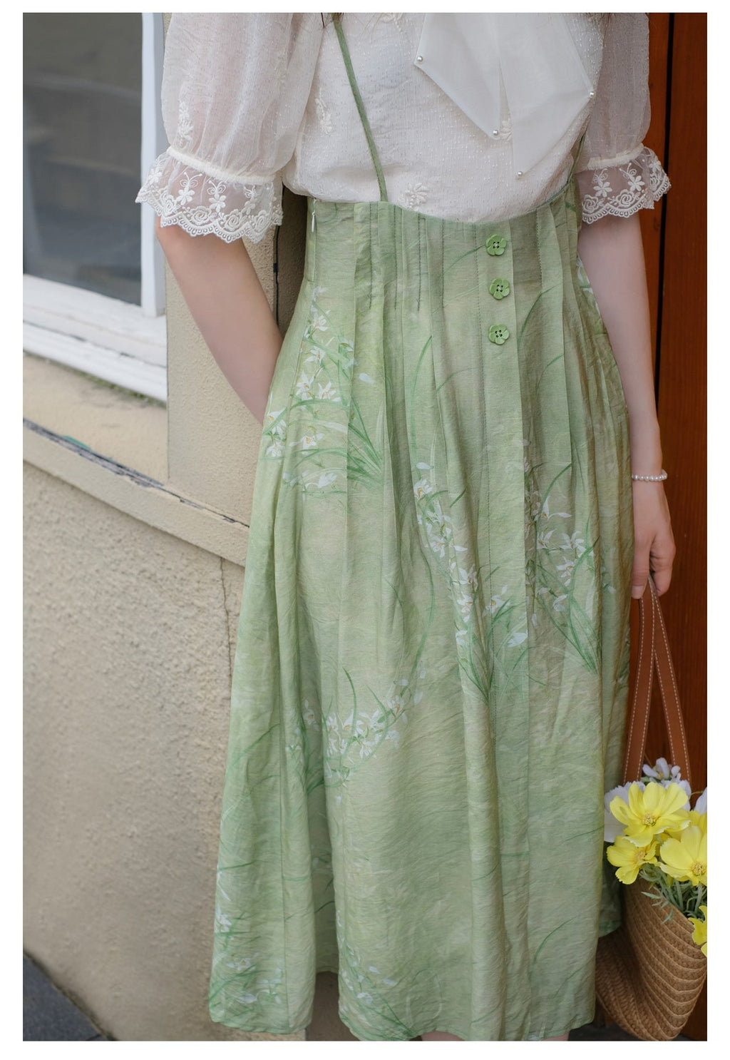 Embroidered Chiffon Shirt + High Waist Pinafore Skirt