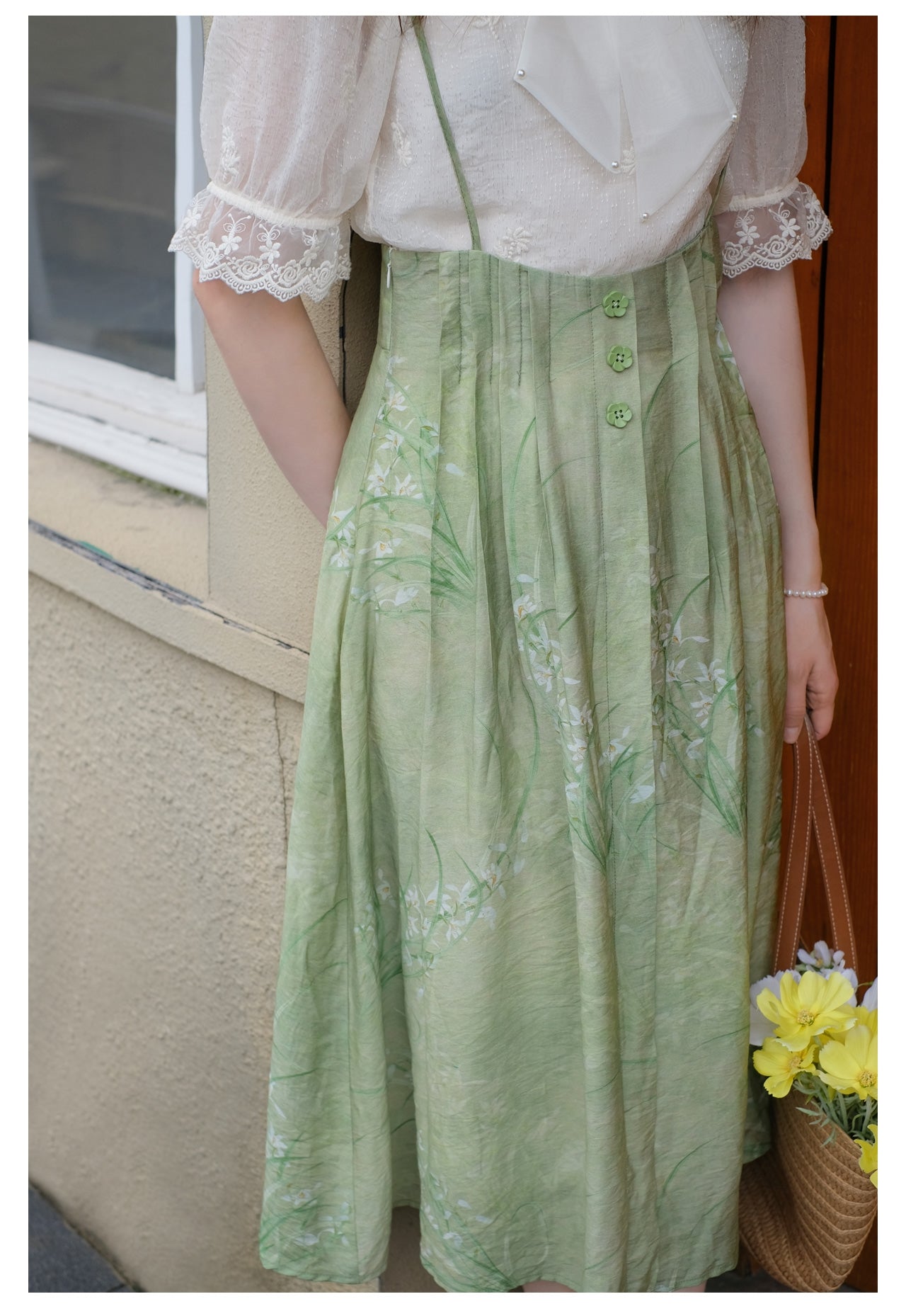 Embroidered Chiffon Shirt + High Waist Pinafore Skirt