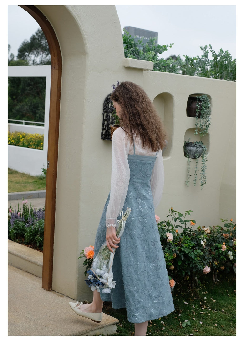 Sheer Chiffon Bottom Top + Floral Denim Pinafore Dress