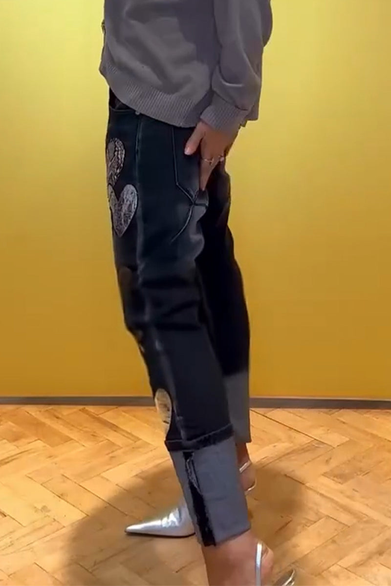 Women Love Printed Spliced Casual Jeans