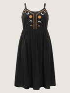 Cotton Star Moon Embroidered Shirred Midi Dress