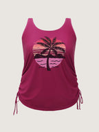 Island Print Drawstring Adjustable Swim Top