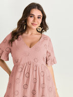 Eyelet Embroidered Ruffled Sleeve Mini Dress