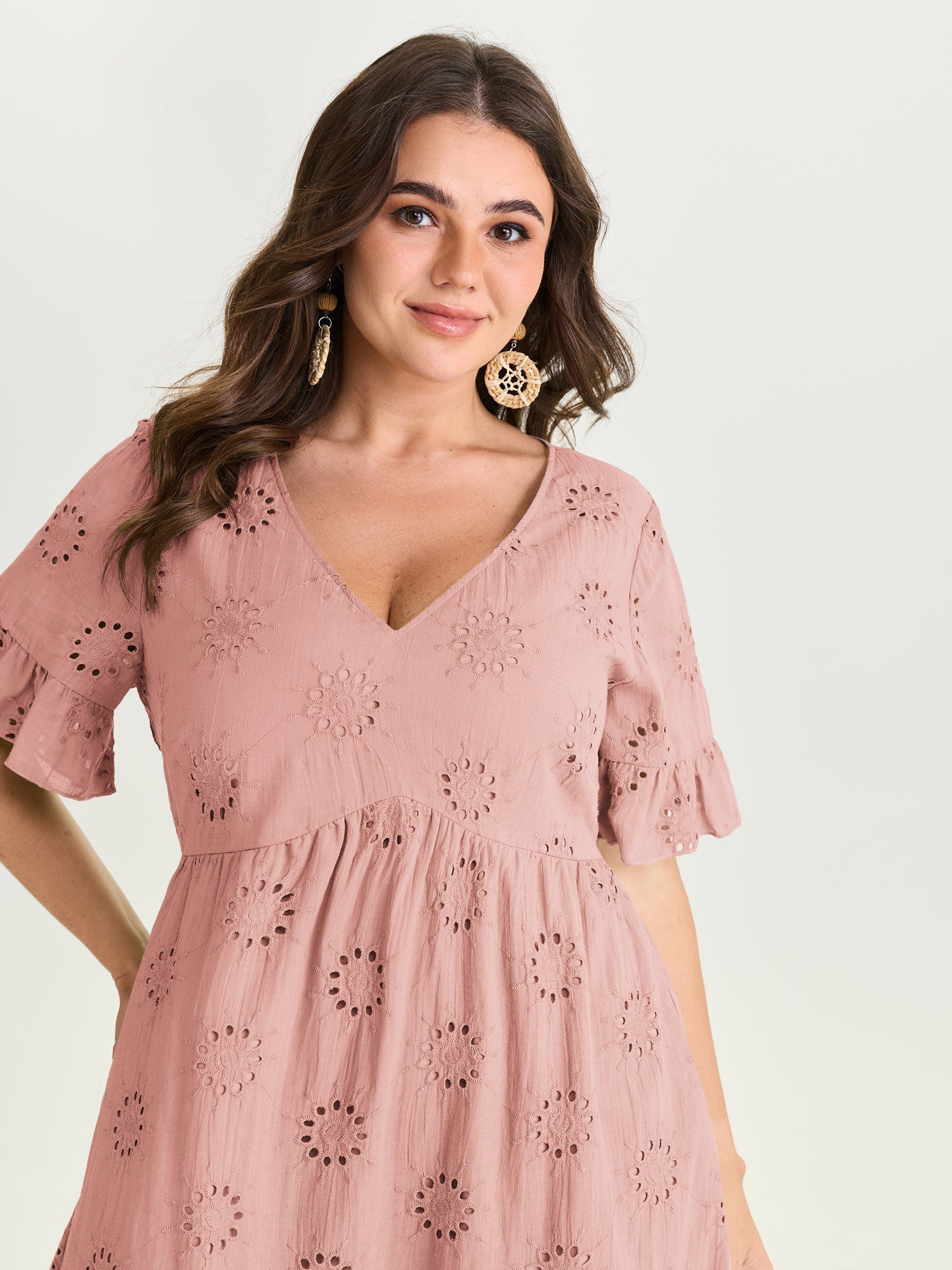 Eyelet Embroidered Ruffled Sleeve Mini Dress