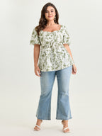 Cotton Floral Print Ruched Bubble Sleeve Blouse